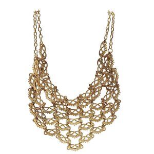 Gold Tone Statement Bib Necklace With Layered Filigree Design